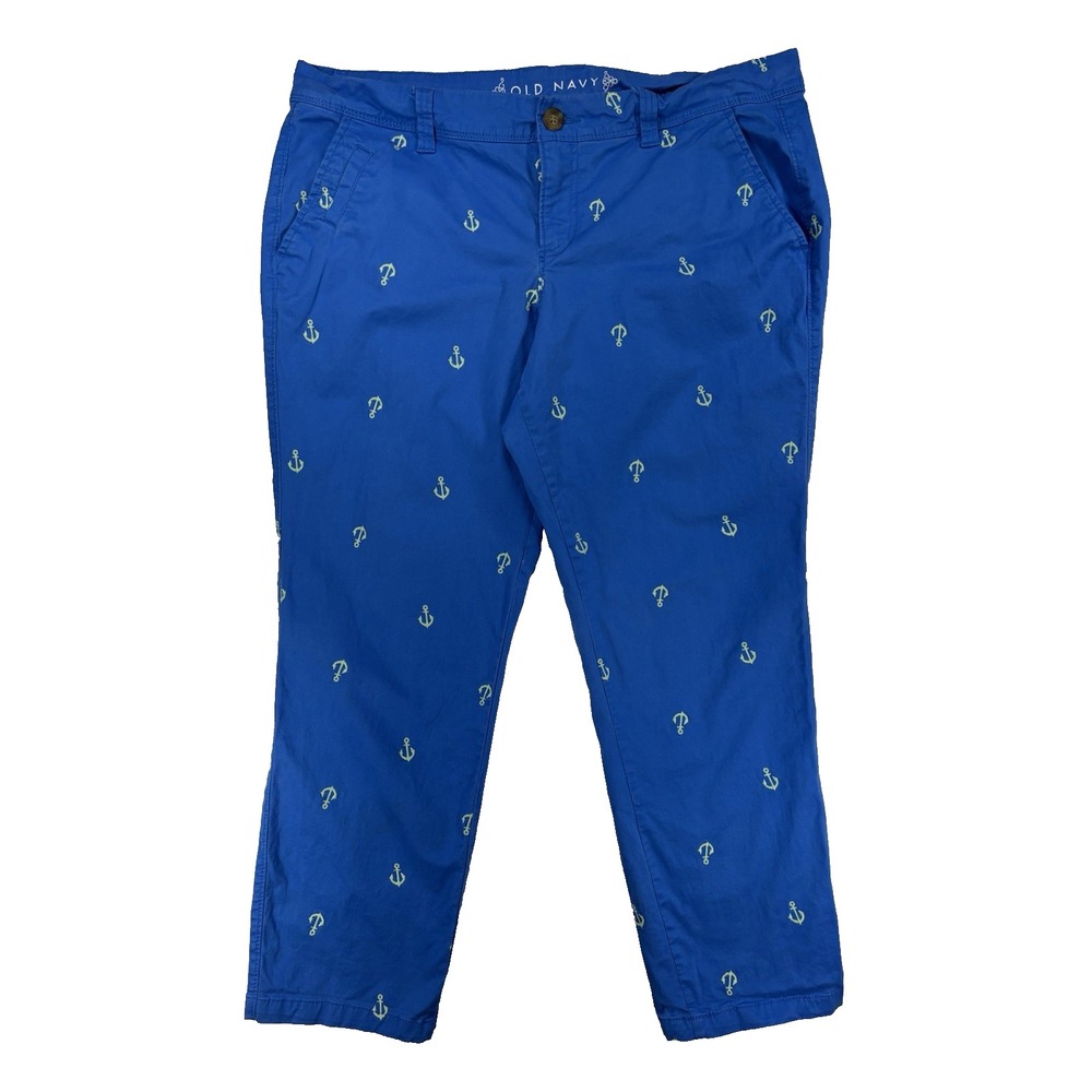 Old Navy Women's 14 Nautical Anchor Embroidered Slim Boyfriend Chino Pants Blue